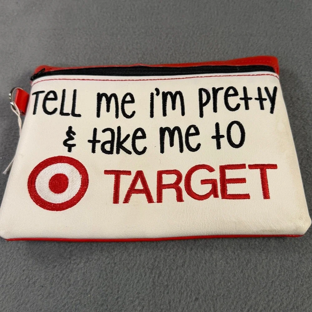Target Embroidered‎ Zipper Pouch Tell Me I'm Pretty Faux Leather Makeup Bag Red